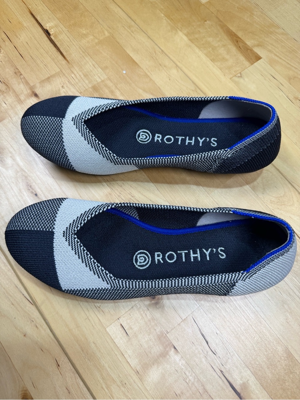 Rothy's The Flat Captoe Black and White Colorblock Plaid Knit Ballet Flats